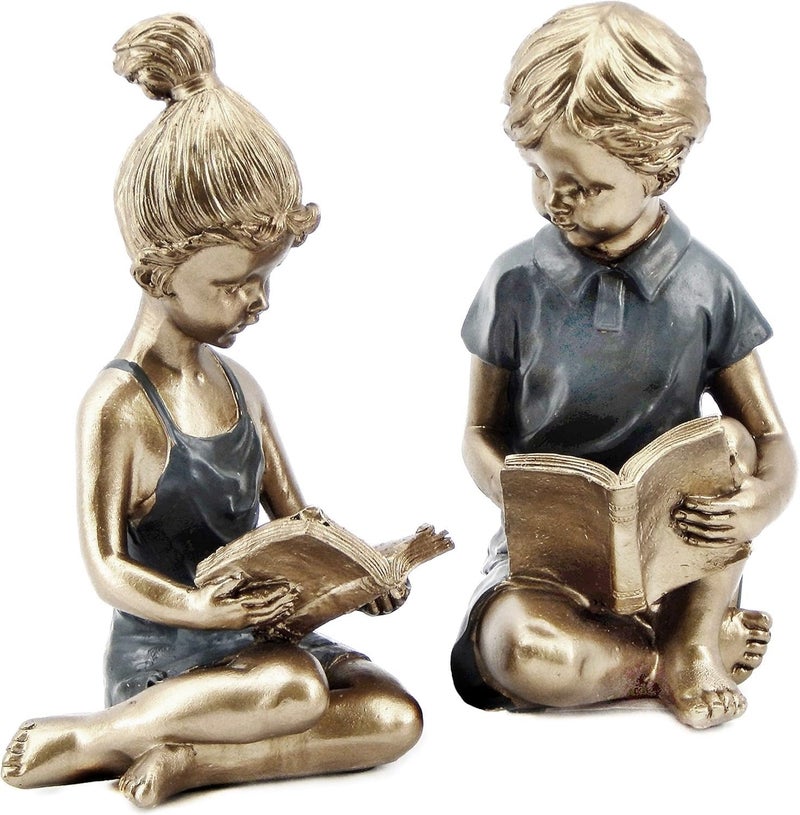 Bellaa 22951 Boy Girl Bookends Vintage Studious Reading Scholar Bookrack Stoppers for Heavy Duty Book Ends Holder Stand Decorative 8 inch - Image 1